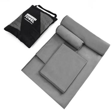 Imagem de Vnoss Toalha de acampamento de secagem rápida, toalha de viagem de microfibra 3 tamanhos em 1 pacote para acampamento, praia, academia, esportes, ioga e piscina, cinza