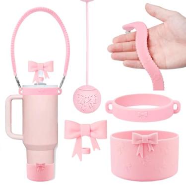 Imagem de HIUSITY Conjunto de 4 peças de acessórios de copo rosa para Stanley, incluindo lindos bonés de cobertura de canudo de 10 mm, manga de bota de silicone, alça de alça de garrafa de água, coador de chá