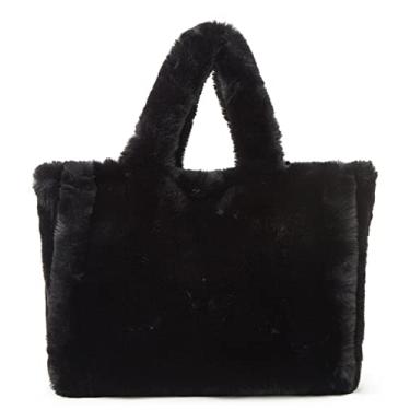Imagem de Bolsa de ombro grande bolsa de lã pele sintética Hobo bolsa bolsa de mão bolsa retrô cor sólida bolsa grande, Preto grande