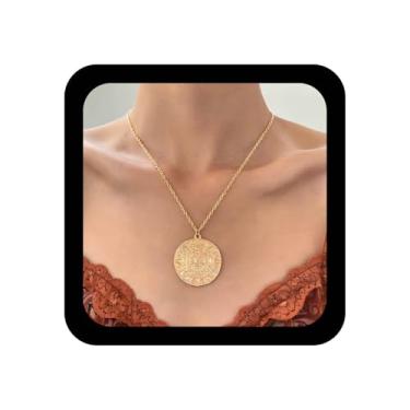 Imagem de Ximdble Colar vintage com pingente de disco de pirata, medalha de pirata, gargantilha grande, corrente de moeda, caveira, disco grande, joia feminina