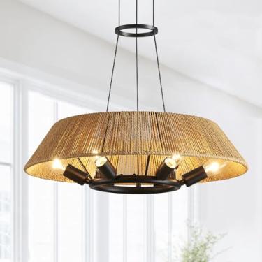 Imagem de GREMLBUK Luminária grande para casa de fazenda, lustre boho de vime de 6 luzes com abajur, 50 cm, pingente de iluminação suspensa costeira para cozinha, ilha, quarto, sala de estar, sala de jantar
