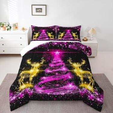 Imagem de Homewish Merry Christmas Conjunto de edredom infantil, solteiro, pinheiros, rena, animal, para quarto de adolescentes, brilhante, roxo, amarelo, conjunto de edredom acolchoado com 1 fronha