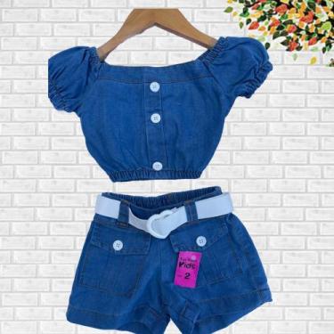 Imagem de Conjunto Jeans infantil menina Tia Dani Kids Cropped e Shorts e Cinto 