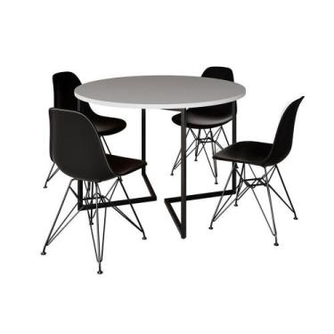 Imagem de Mesa Industrial Jantar Redonda Branca 110Cm Base V Com 4 Cadeiras Eame