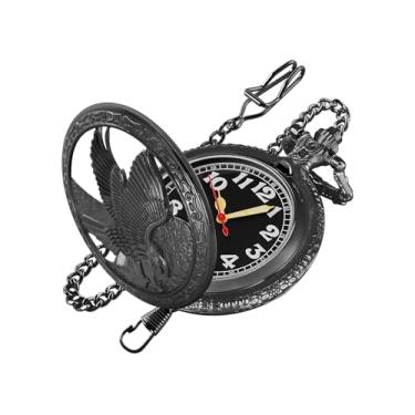 Imagem de Realpoo Relógio de bolso masculino Black Hollow Out Eagle Quartzo, mostrador em algarismos arábicos com corrente e relógio de bolso masculino