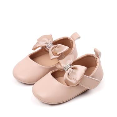 Imagem de Bellocasa Baby Mary Jane Sapatilhas para meninas com laço de algodão sola antiderrapante primeiro andador vestido princesa berço sapatos de casamento, W4172 Apricot, 12-18 Months Toddler