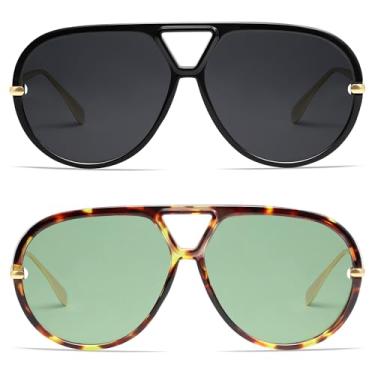 Imagem de VANLINKER Óculos de sol aviador polarizados grandes e modernos para mulheres e homens, óculos de sol redondos retrô vintage VL9798, Pacote com 2 - c1 + c4 - preto/cinza e tartaruga/verde, M