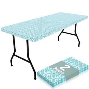 Imagem de misaya Pacote com 2 panos de mesa retangulares de vinil, toalha de mesa elástica com flanela, capa de mesa de plástico 100% à prova d'água, serve para mesas dobráveis de 1,8 m para piquenique