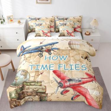 Imagem de Erosebridal Jogo de cama Queen, avião, avião, avião, para crianças, meninos, meninas, tema mapa, balão de ar quente, conjunto de cama com 7 peças com lençol de cima + lençol de cima, fronhas