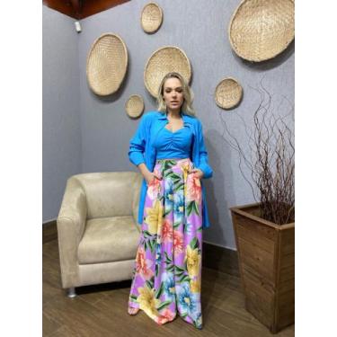 Imagem de Calça Pantalona Ampla - Lalibelula, Fundo verde, Rosa, Amarelo