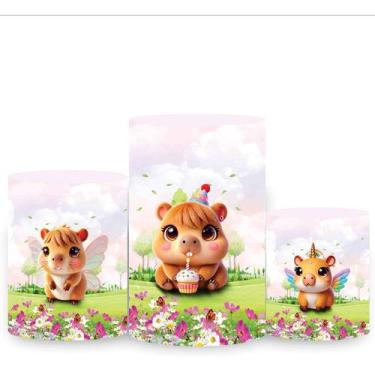 Imagem de Trio Capa Cilindro 3d Festa Capivara Sublimado Veste Fácil C/elástico 