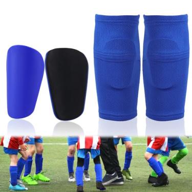 Imagem de 2 caneleiras de futebol e 2 peças de mangas de meia de futebol com bolsos deslizantes, mini caneleiras protetoras para caneleiras, equipamentos de futebol para crianças, adolescentes e adultos (azul)