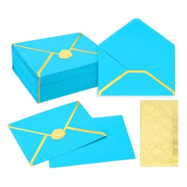 Imagem de PATIKIL Envelopes A7 100 peças, 12,7 x 17,8 cm, envelopes de convite de borda dourada, envelope de festa de correspondência, cartões de convite de casamento, aniversário, escritório, azul