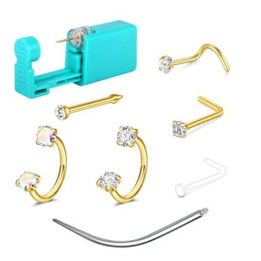 Imagem de AVYRING Kit de piercing de nariz de ferradura dourada 18 g Kit de piercing de nariz de aço cirúrgico com anéis e pinos de nariz, kits de piercing de nariz descartáveis, anéis de septo, kit de piercing