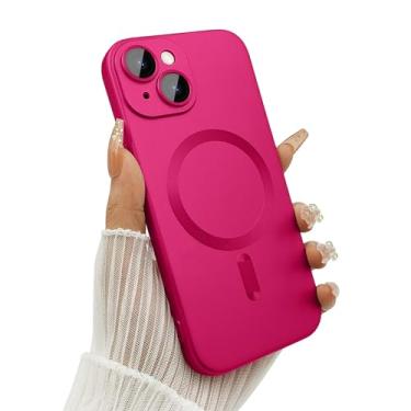 Imagem de ankofave Capa magnética para iPhone 15 para mulheres, design fosco luxuoso metálico macio com protetor de lente de câmera, compatível com capa Magsafe para iPhone 15 6,1 polegadas rosa choque