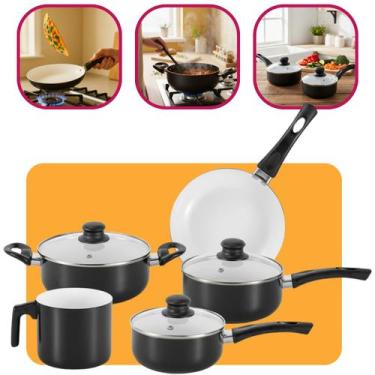 Imagem de Jogo De Panelas Roma 5 Peças Em Cerâmica Hauskraft Preta Com Tampa De 