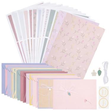 Imagem de PLIGREAT Conjunto de 72 peças de papel de papelaria floral, 36 papéis de papelaria com 12 envelopes, selos autoadesivos, fita pendente de metal, kit de letras para escrever para convites de férias, 6
