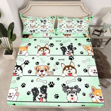 Imagem de Jogo de cama solteiro com desenho de cachorro, animais fofos, animais de estimação, para decoração de quarto de adolescentes, microfibra kawaii com estampa de pata (1 lençol com elástico + 1 fronha)