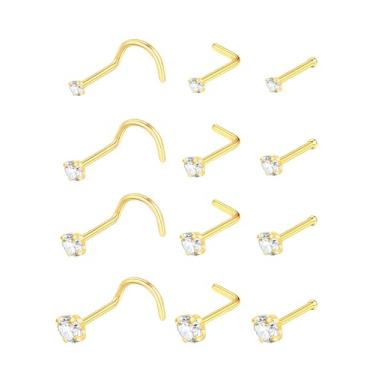 Imagem de Aumeo 12 peças de piercing de nariz, 20G, aço cirúrgico, piercing de nariz, joia de 7 mm em forma de G/reto/parafuso de narina para mulheres e homens, 20G, Aço inoxidável, Sem Pedra Preciosa
