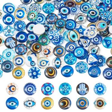 Imagem de Cabochão de vidro de olho turco de 12 mm, 100 peças, cabochão de vidro redondo plano, azul, contas de cúpulas para artesanato faça você mesmo, colar de scrapbook, brincos, pulseira, anel, fabricação
