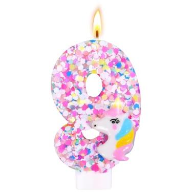 Imagem de Decoração de velas de aniversário com número de unicórnio, suprimentos de festa de aniversário com tema de unicórnio, topo de bolo de aniversário de lantejoulas com glitter para meninos e meninas