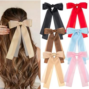 Imagem de 6 peças de grampos de cabelo com laços de cabelo, 6 cores, vermelho, rosa, azul, marrom, cáqui, preto, para mulheres, acessórios de cabelo para meninas, crianças e adolescentes