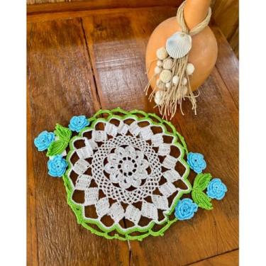 Imagem de Sousplat Bandeja Flores 50x33cm Crochê Artesanal (Azul Claro)