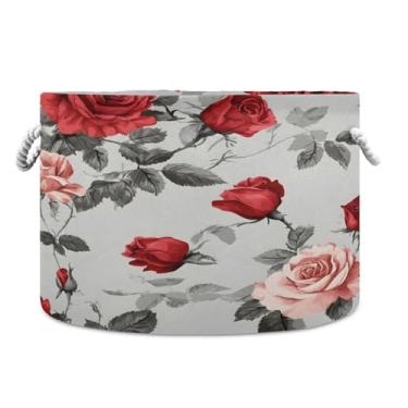 Imagem de JUZIHAI Caixa de armazenamento grande Red Roses, cesto de roupa suja dobrável à prova d'água com alças de corda de algodão para organização doméstica no quarto, banheiro e carro