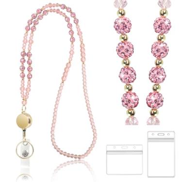 Imagem de VIQWYIC Cordão retrátil com contas brilhantes para mulheres, ideal para crachás de identificação e chaves, cordão de contas ajustáveis com carretel de crachá e suporte de identificação para