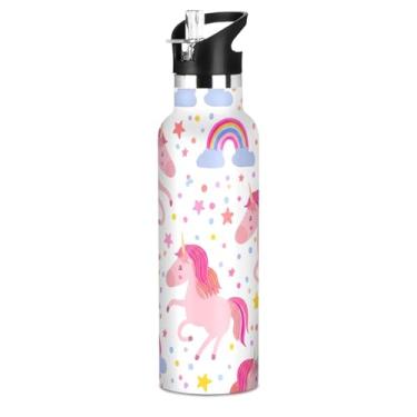 Imagem de Joisal Garrafa de água rosa de desenho animado de unicórnios fofos para meninos e meninas garrafas de água de aço inoxidável de parede dupla copos de viagem isolados para crianças com tampa de canudo