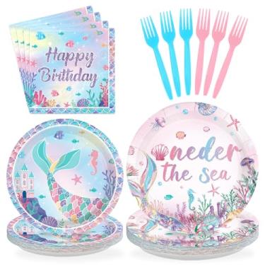 Imagem de Grencian 96 peças decorações de festa de aniversário sereia 1º aniversário pratos e guardanapos descartáveis pequenas sereias conjunto de utensílios de mesa para meninas de 1 ano de idade, suprimentos
