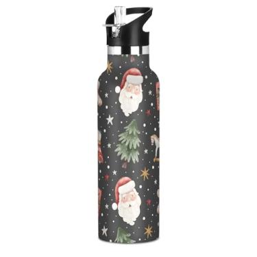 Imagem de Garrafas de água isoladas de aço inoxidável de 590 ml com tampa de palha, Natal, Papai Noel, garrafa de água preta para meninos, meninas, copos de viagem para crianças, à prova de vazamento, parede