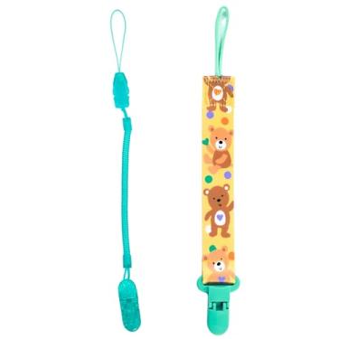 Imagem de Kit 1 Prendedor de Chupetas Estampado e 1 Prendedor de Chupetas Mola Pietra Baby Menino Menina Infantil Bico Clipe Corrente Universal Top Trava Cordão Criança Feminino Masculino (Verde e Ursinho)
