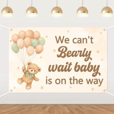 Imagem de Urso balão verde e marrom We Can't Bearly Wait Pano de fundo de chá de bebê, fotografia de bebê está a caminho, lindos balões de desenho animado festa de chá de bebê, fotografia de urso recém-nascido