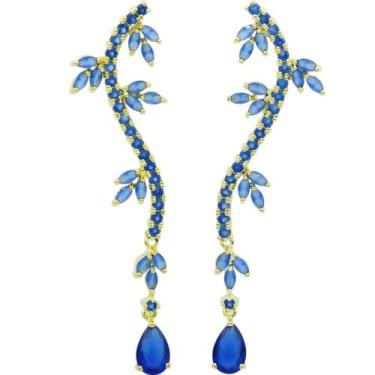 Imagem de Brinco Zircônia Folhas e Gota Semijoia Akasaki BC2929, Dourado, Azul