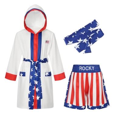 Imagem de Giftdigger Fantasia de boxe adulto para homens, fantasia Rocky para mulheres e homens, fantasias de boxe com bandeira americana, traje boxer dos EUA, shorts Rocky Balboa, roupão de cetim, cinto, P