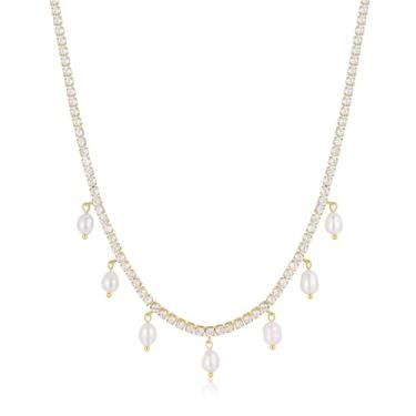 Imagem de Corrente de tênis de zircônia cúbica banhada a ouro 14K, 7 pérolas, colar com pingente delicado e vários pingentes, joias de pérolas de água doce, moda, 45,7 cm + 5 cm, ajustável