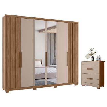 Imagem de Guarda Roupa Casal e Cômoda Araguaia Dhara 6 Portas Giratórias 4 Gavetas MDP com Espelho Carvalho Fendi