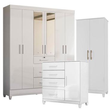 Imagem de Guarda Roupa Casal Itatiba 6 Portas 3 Gavetas MDP com Espelho Branco Brilho Moval Móveis