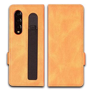 Imagem de Capa carteira para Samsung Galaxy Z Fold 3, [slot para caneta na parte de trás] Capa de telefone magnética com slot para cartão de couro PU compatível com Z Fold 3 5G 2021, amarela
