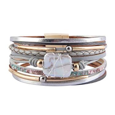 Imagem de AZORA Pulseira feminina de couro barroco pérola envolvente pulseiras lindas pulseiras de ouro feitas à mão, joias boêmias, presente para mulheres, 7.7 inches, Couro