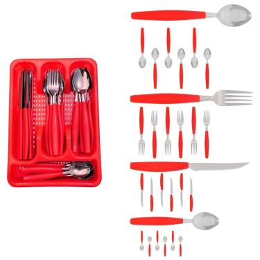 Imagem de Kit Faqueiro Inox Berlim 24 Pçs C/ 1 Porta Talheres Vermelho