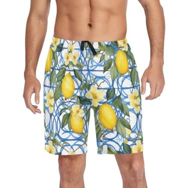 Imagem de CHIFIGNO Calças de pijama masculinas, calças de pijama lounge, shorts de moletom com bolsos com cordão, Limões amarelos e flores azuis, GG
