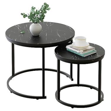 Imagem de aboxoo Conjunto lateral de mesa de centro redonda com 2 mesas de canto para sala de estar e quarto, varanda, mesa de madeira de mármore falso preto, mesa de centro grande com detalhes de 60 cm com