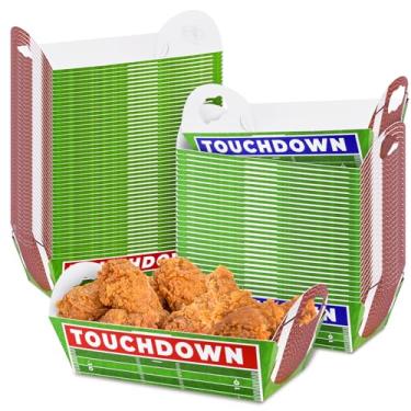 Imagem de EPHYO Bandejas de futebol 144 peças Superbowl bandejas de servir descartáveis tigelas de papel de futebol verde para salgadinhos suprimentos de festa com tema de futebol louças para churrasco