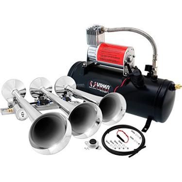 Imagem de Vixen Horns Kit de buzina de trem para caminhões/carros/semi. Sistema integrado completo - Compressor de ar de 150psi, tanque de 1,5 galão, 3 trompetas. Super alto dB. Serve para veículos como