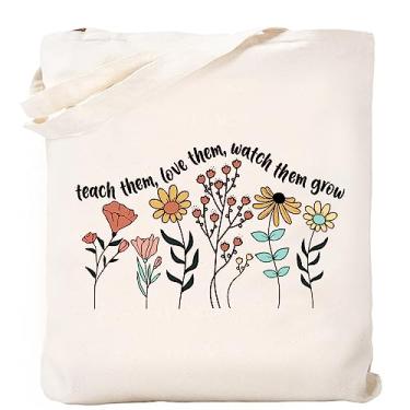 Imagem de Kimoli Sacola de lona escolar para presente de agradecimento ao professor, bolsa de praia para viagem de verão, reutilizável, sacola de compras de supermercado, Estilo I, 15"X15.7"