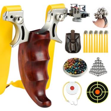 Imagem de Catch&Hunt Estilingue de caça, estilingue tático profissional adulto de aço inoxidável, cabo de madeira, faixa de borracha com munição, saco de munição, papel alvo