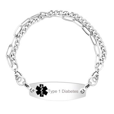 Imagem de Tobestu Pulseira de aço inoxidável preta com símbolo médico para pessoas necessitadas - Pulseira de identificação médica com corrente de camada dupla banhada a platina para homens e mulheres YA4768,