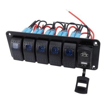 Imagem de Painel de Interruptor Rocker de 5 Gangues Com USB Duplo 4,8A e Voltímetro Adequado para Veículos 12V-24V DC, Incluindo Carros, UTVs, Caminhões, Trailers e Barcos